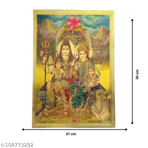 Gold-plated Hindu deity poster, 24K Shiva Parivar for home office/business place worship, 30x21cm size