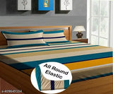 YellowGreen Stripe Glace Cotton Fitted Double Bed Sheet with 2 Pillow Coves, 72 x 78 inches - Ideal for summer, perfect fit for heavy mattresses