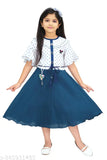Blue satin dress, short sleeves, flared skirt, white buttons, belt loops