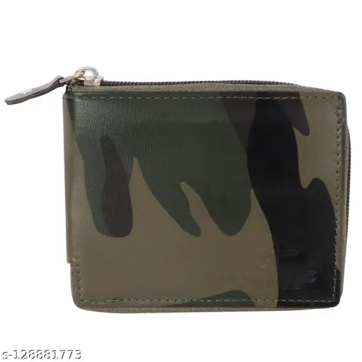 Army green PU artificial leather regular size HRF STAR men's wallet with 5 card slots, solid pattern on free size (10cm x 13cm)