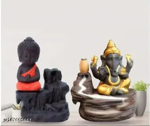 Golden & black polyresin Monk Buddha Ganesh Ji idol with 20 smoke cones for backflow incense, creating an illusion of a smoky waterfall, made in India