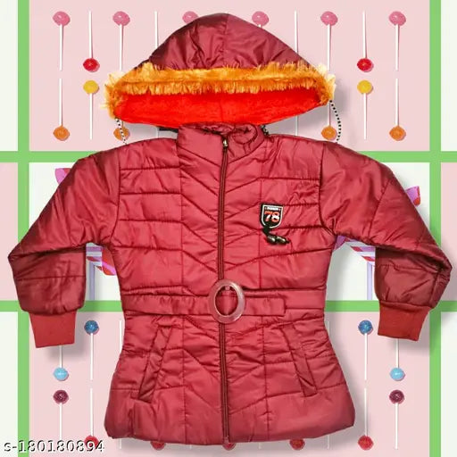 Red cotton puffer jacket with red pompom trim
