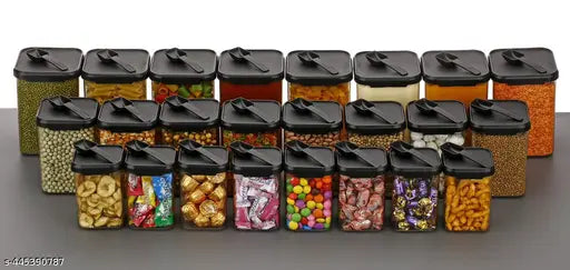 Black plastic fridge container kit, set of 12 airtight with spoons, food storage, kitchen storage, varying capacities from 350ml-900ml