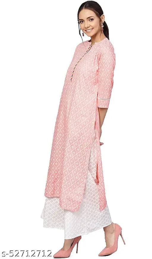 Peach printed rayon kurti set with palazzos, women's straight style for contemporary casual fashion