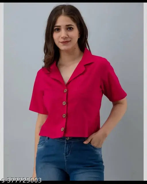 Pink rayon crop shirt, solid net pattern, short sleeves, trendy fashion for women