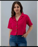 Pink rayon crop shirt, solid net pattern, short sleeves, trendy fashion for women