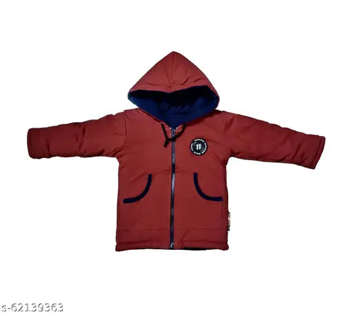 Red and navy blue hooded jacket with drawstring hood, adjustable cuffs, and front zip closure
