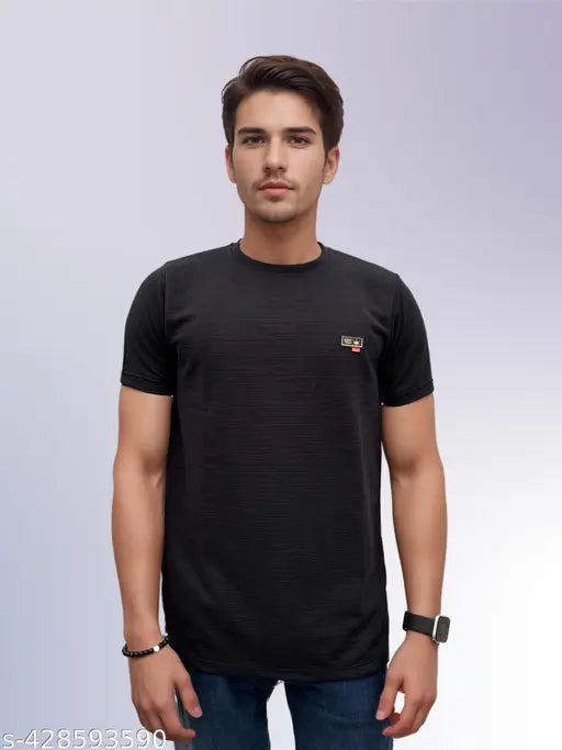 Black cotton blend round neck t-shirt for men, double stitched, regular fit, short sleeves, solid color, branded by CAIMBROS (M: 38in chest, 27in length; L: 40in chest, 27.5in length; XL: 42in chest, 28.5in length) - Made in India