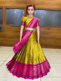 Art Silk kids half saree, litchi silk top with short sleeves and zari woven design. Unstitched lehenga (2.8m), unstitched blouse (0.8m) & dupatta (1.7m) with tussles and belt. Indian traditional semi-stitched half saree for free size