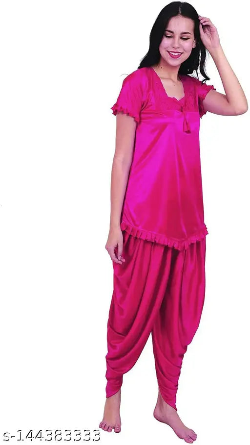 Pink Hub Women's Solid Black & Pink Night Suit Set - Indian-made satin suit with short sleeves and ruffle detail