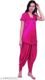 Pink Hub Women's Solid Black & Pink Night Suit Set - Indian-made satin suit with short sleeves and ruffle detail