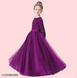 Embellished net kids maxi gown dress for parties, weddings, functions - long sleeve, net fabric, size 4-16 years