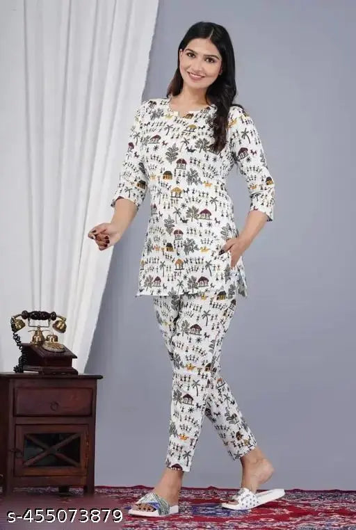 Printed rayon night suit set with round neck top and pyjamas, attractive ethnic design for home comfort