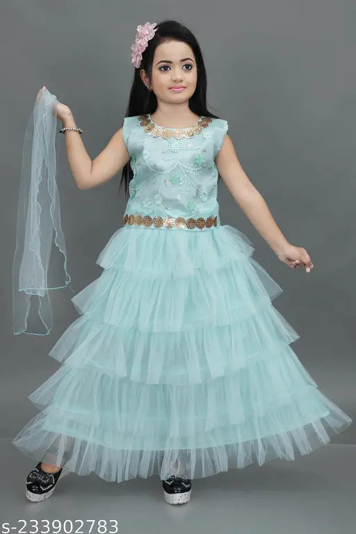 Sea blue net and chanderi silk choli lehenga with ruffle stitching, sleeveless design for 5-6 year old girls, Indian origin