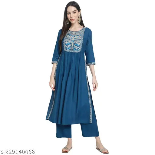 Rayon embroidered Nayra cut Kurta Palazzo set in premium quality fabric, perfect for weddings and functions