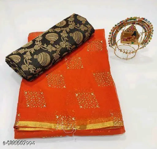 Indian free-size chiffon saree with jacquard blouse, printed with zari woven net pattern