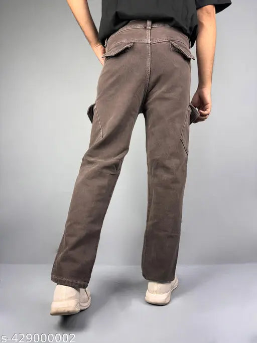 Solid denim Inner-Pocket Cola cargo jeans for men, baggy style with six pockets and slight stretch fabric