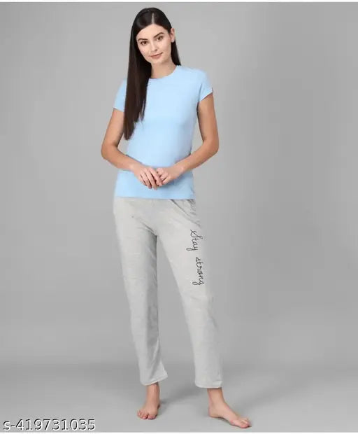 Womens light blue cotton sleepwear, 3/4 length pants, short sleeves