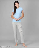 Womens light blue cotton sleepwear, 3/4 length pants, short sleeves