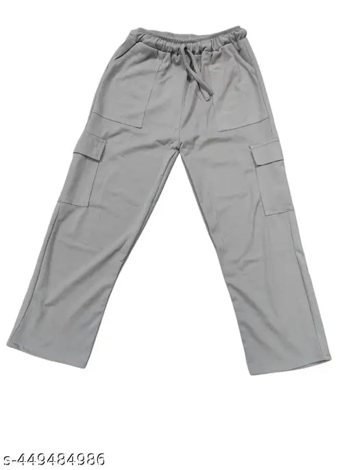 Grey cargo pants with side pockets and drawstrings