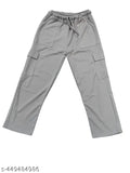 Grey cargo pants with side pockets and drawstrings
