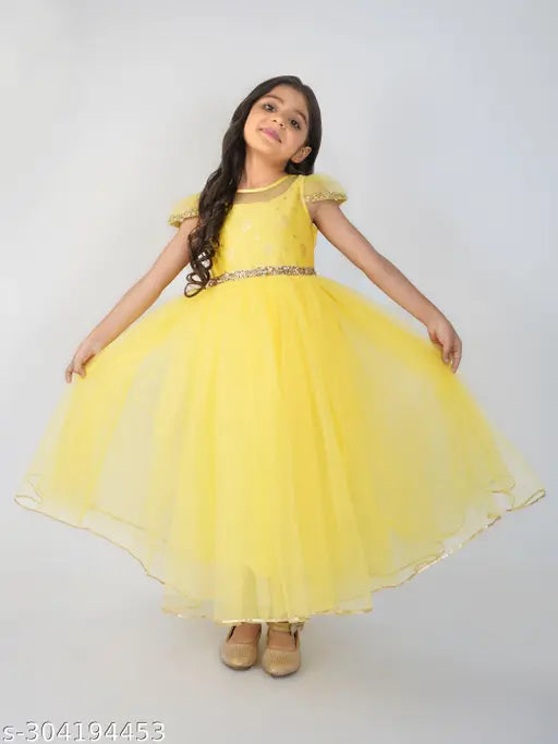 Yellow net party gown dress for kids, embellished balloon motif, short sleeves, 1-2 years size