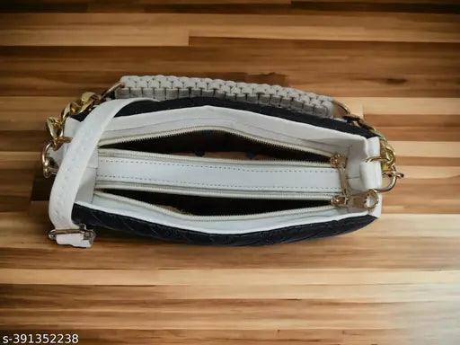 White and black crossbody bag with adjustable strap