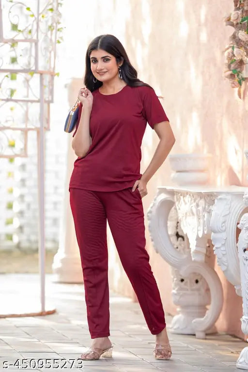 Women's solid night suit set in polycotton - comfortable loungewear with elastic waistband and round neck top, suitable for women and girls