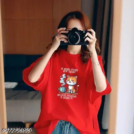 Red cotton long sleeve T-shirt women's trendy cat design