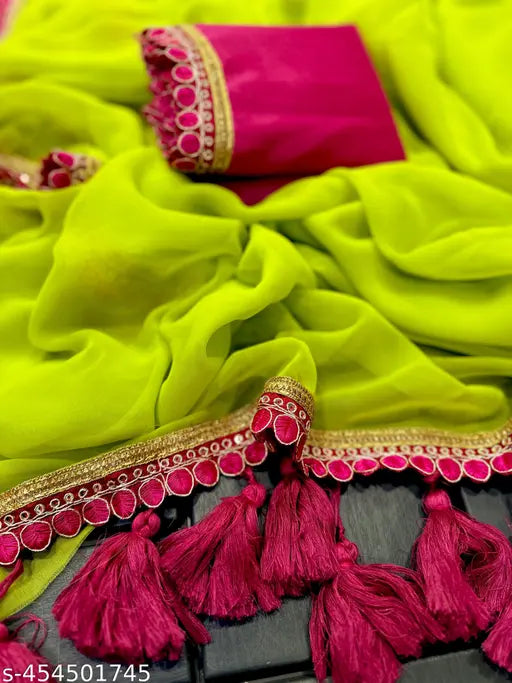 Parrot color Georgette saree, trending Indian fashion in single free size, embroidered blouse and separate blouse piece
