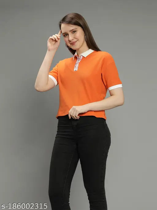Orange cotton short sleeve smart polo for women, solid design, Nimble brand