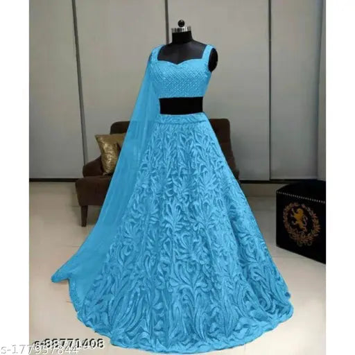 Embellished net lehenga set, choli and lace dupatta, Indian party wear for women