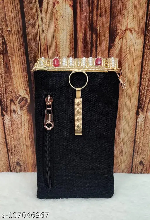 Black jute saree clutch with wrist strap and zip closure, 1 card slot. Gift for women