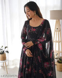 Georgette floral print women's dress, three-quarter sleeves, ethnic wear from India