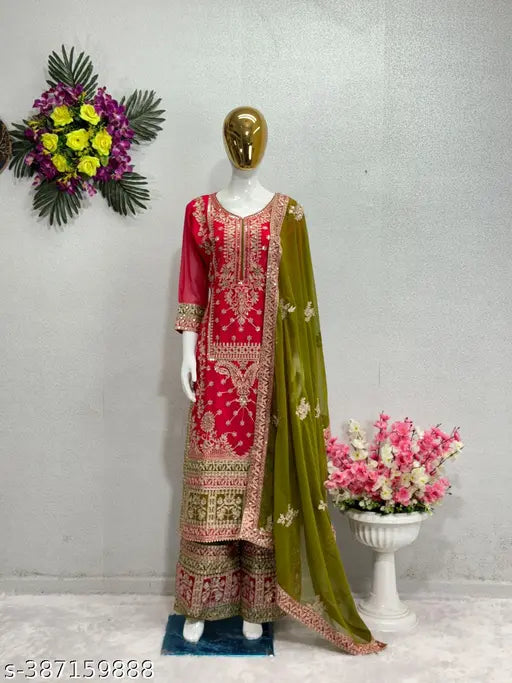Heavy faux Georgette Pakistani suit in embroidered design, featuring kurta, dupatta, and bottomwear. Single size M/XL from India