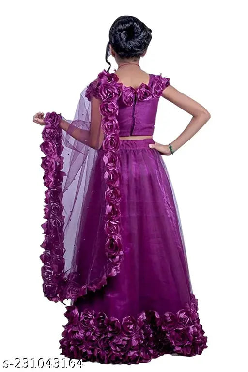 PW PLATYPUS WORLD baby girl net satin Lehenga Choli, 5-12 years, self-design lace stitch, floral border, Indian origin