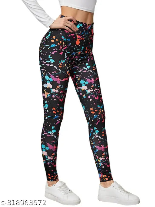 Black printed net lycra active tights for women (size 26-36), made in India