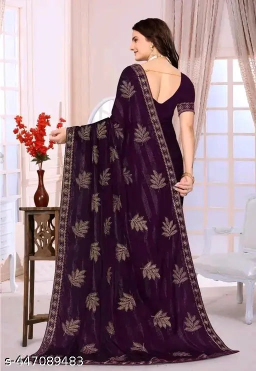 Black, Embroidered Georgette Silk Sari with Floral Pattern