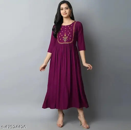 Rayon embroidered long kurta with three-quarter sleeves, intricate Indian design on display for women's S, M, L, XL, XXL sizes