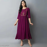 Women's long kurta in deep purple, rayon fabric with embroidery details