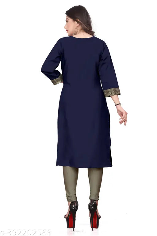 Fashionable long sleeve navy blue kurta with gold embroidery detail, knee-length, full-sleeve