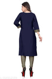 Fashionable long sleeve navy blue kurta with gold embroidery detail, knee-length, full-sleeve