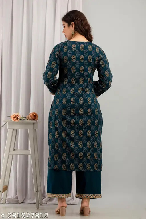 Rayon kurta and palazzo set with long sleeves, printed floral embroidery on viscose fabric, pack of 2, blue color, ideal for casual or office wear, Indian origin
