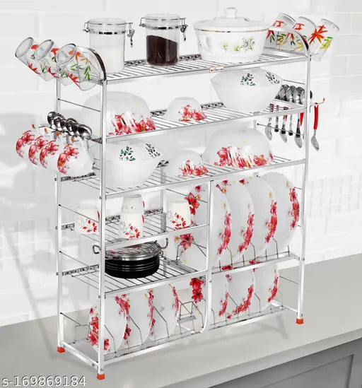 Stainless steel kitchen wall mount organizer rack with plate display shelves and lower shelf, for utensils and dishes