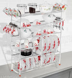 Stainless steel kitchen wall mount organizer rack with plate display shelves and lower shelf, for utensils and dishes