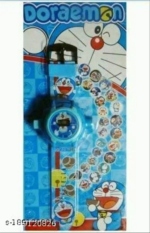 Blue Doraemon PVC digital watch for kids, unisex design with 24 images projection