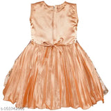 This is a beige, satin fabric frock dress with a silver lining and net trim