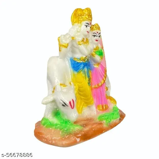 Multicolor poly resin Radha Krishna with Cow car dashboard statue, intricate Indian artistry, detailed handcrafted figurine (4x2x4 inches)