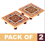 Handcrafted marble Pooja Chowki set (4x4 inches), intricately decorated with enamel work and kundan stones, perfect for temple decoration or idol sitting in a Puja room