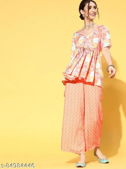 Multi-color digital print flared kurta with palazzo set, cotton fabric, short sleeves, India origin, peplum top with plunge neck and front slit